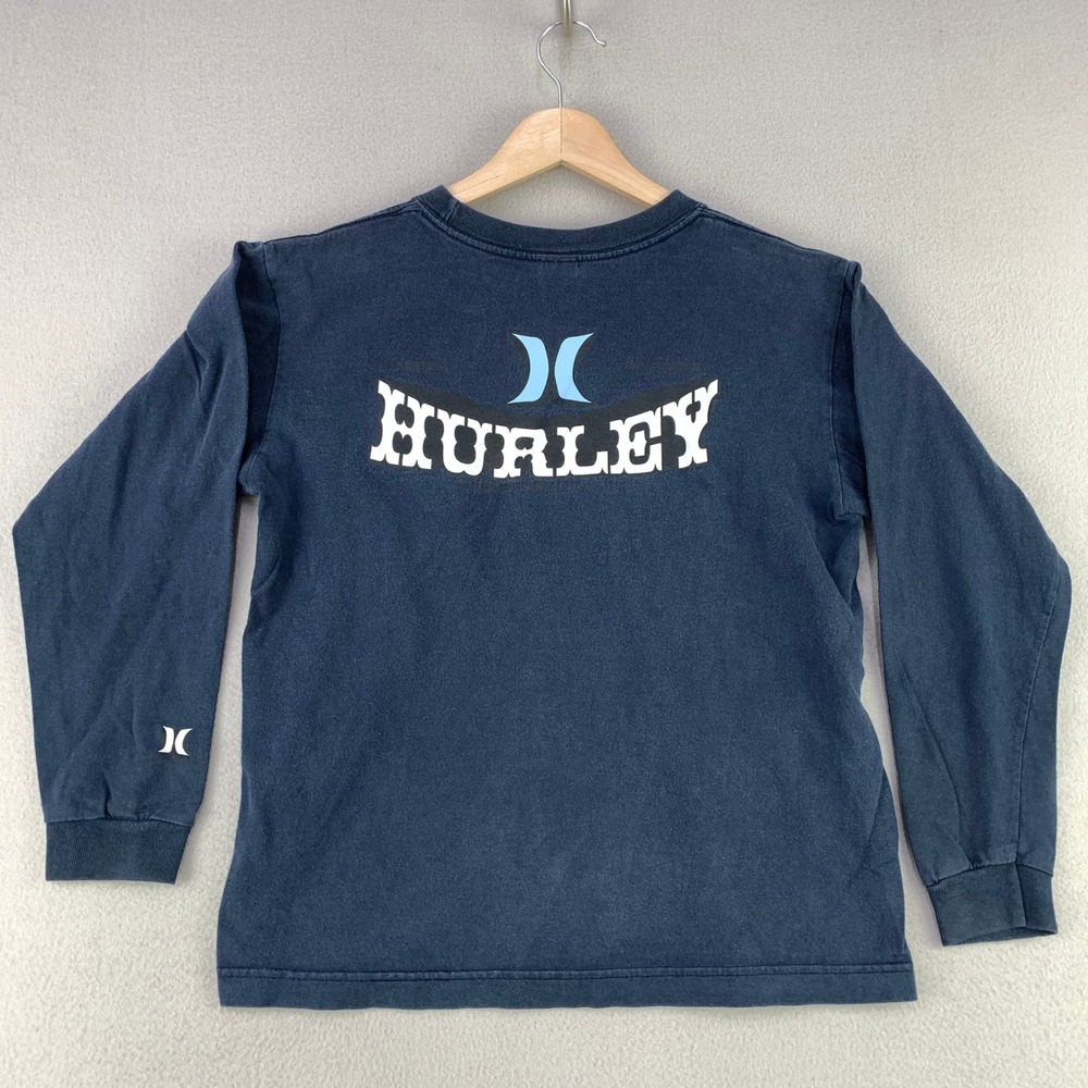 Vintage HURLEY T-Shirt Boys Medium Blue Logo Graphic Long Sleeve Tee Surf Y2K